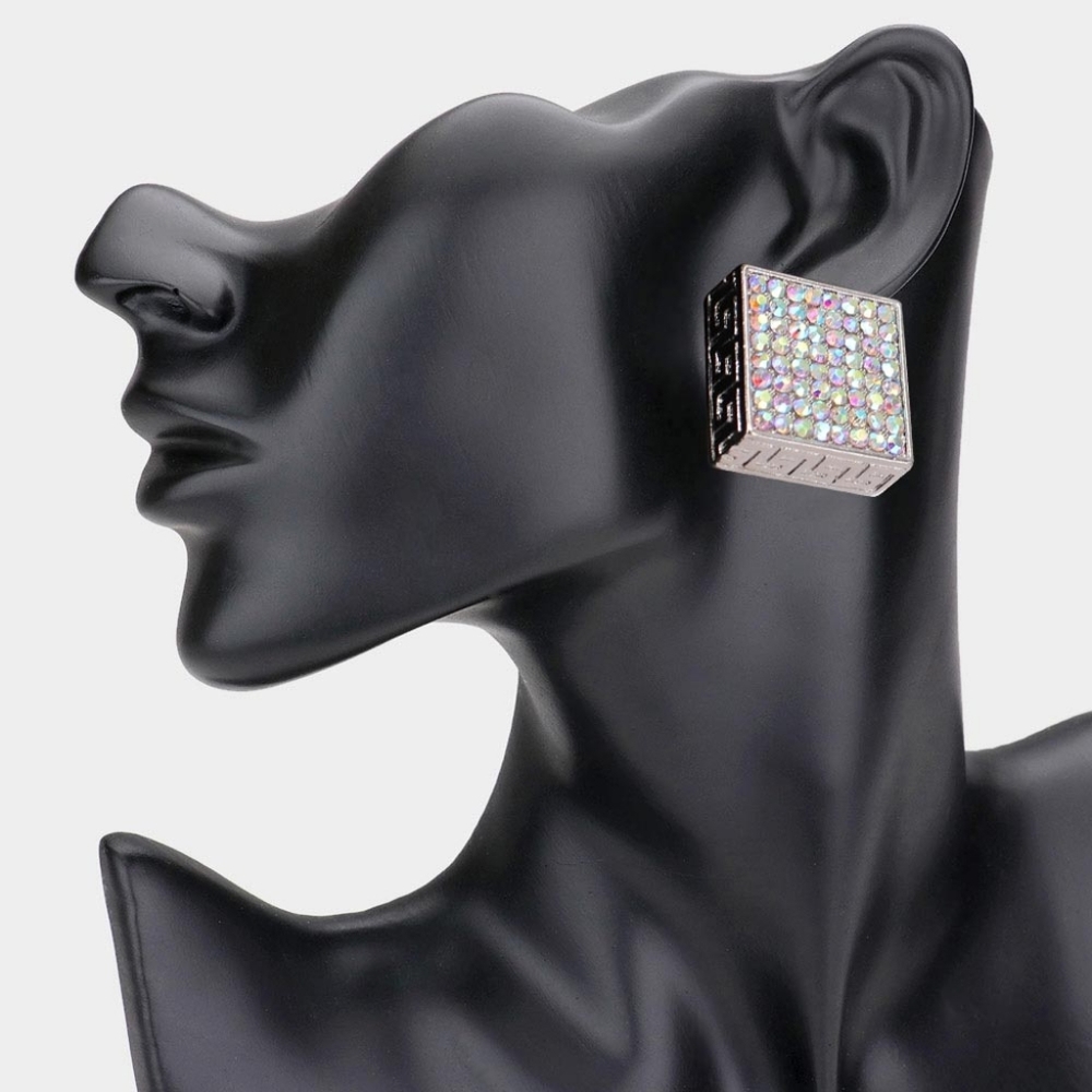 Abalone Silver Greek Key Patterned Rhinestone Crystal Square Stud Earrings